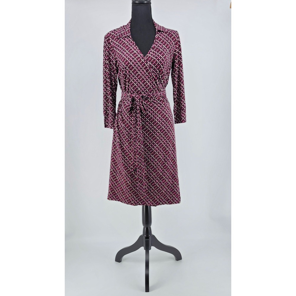 Attention Women Burgundy Pink Geometric Wrap Dress Long Sleeve XS Retro 70s